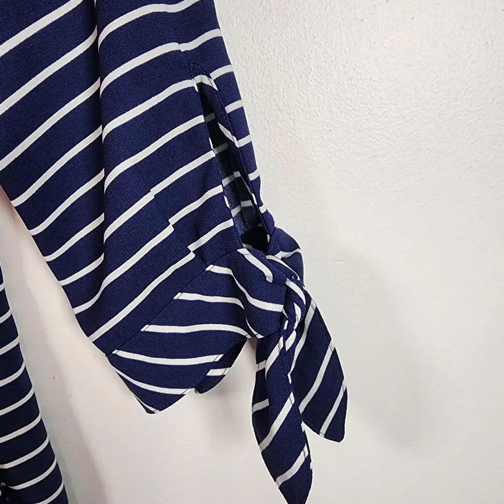 Talbots Womens Tunic Top Navy Blue White Striped Tie 3/4 Sleeve V Neck Medium